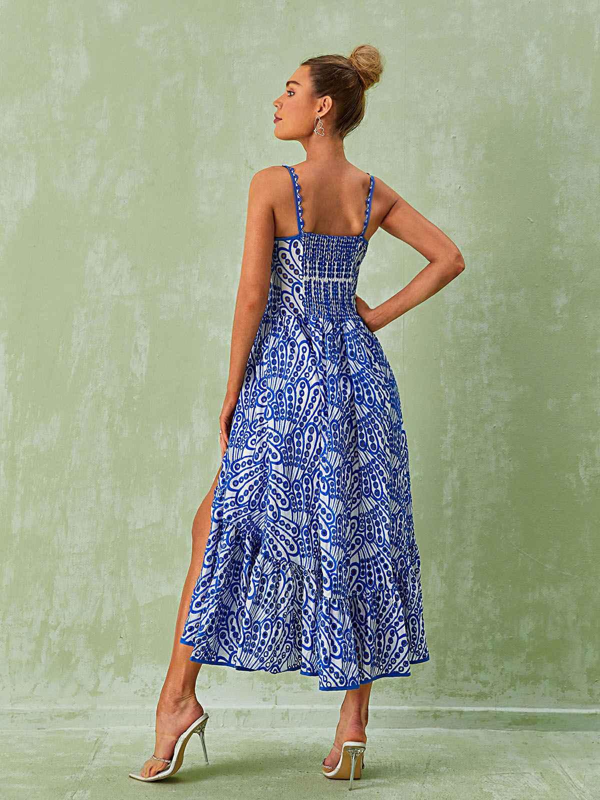 Square Neck Eyelet Embroidered Button Front Tiered Midi Dress