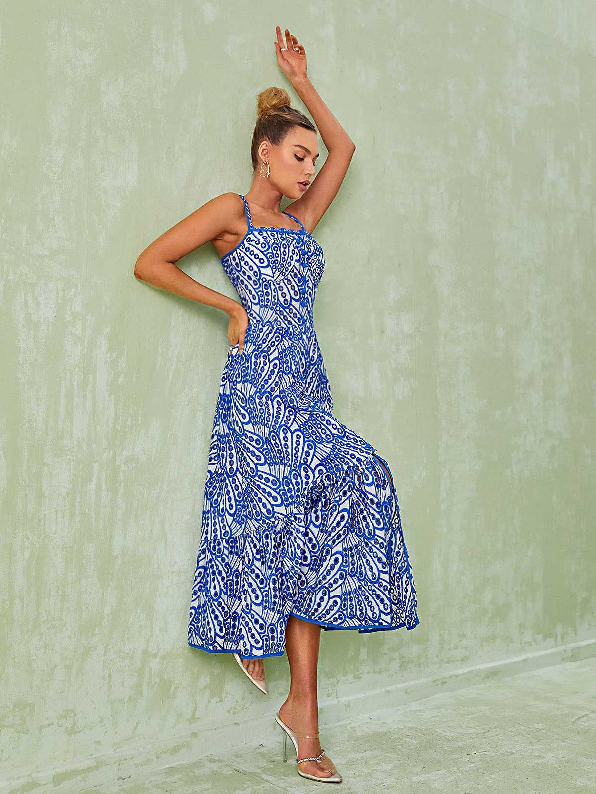 Square Neck Eyelet Embroidered Button Front Tiered Midi Dress