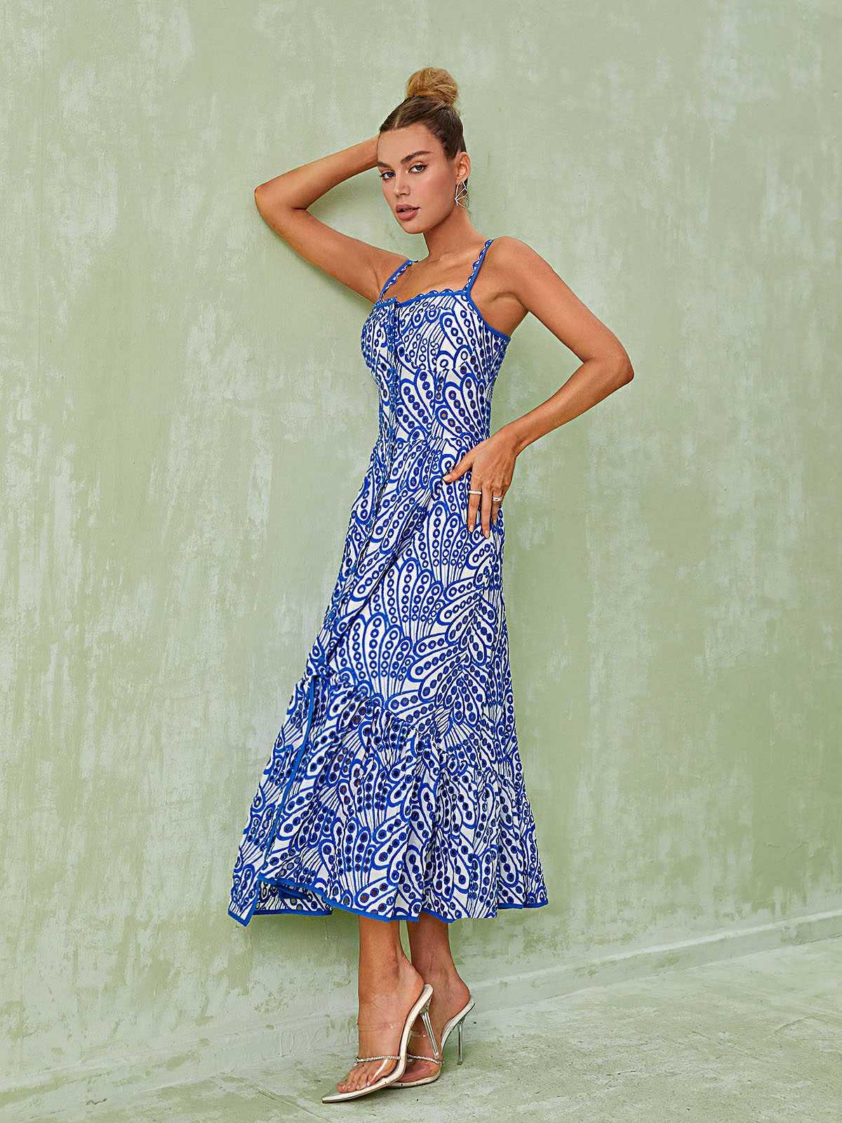 Square Neck Eyelet Embroidered Button Front Tiered Midi Dress