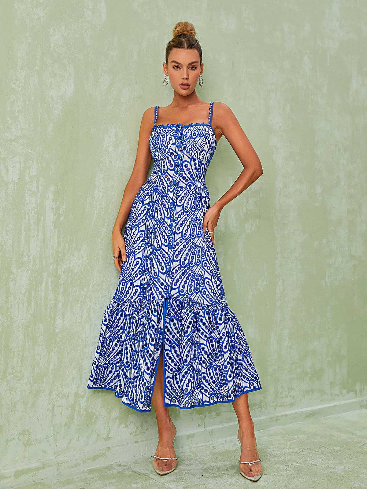 Square Neck Eyelet Embroidered Button Front Tiered Midi Dress
