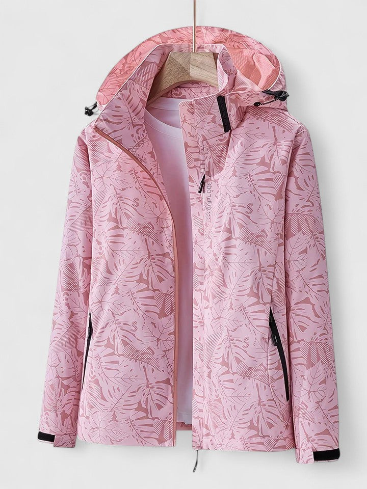 Hooded Tropical Leaf Print Zip Front Long Sleeve Windbreaker Jacket