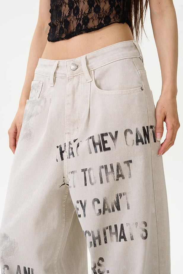 American Vintage Letter Graffiti Chic Slim Fit Jeans