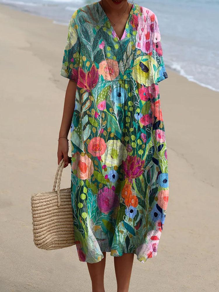 V-Neck Watercolor Floral Print Short Sleeve Loose Linen Midi Dress