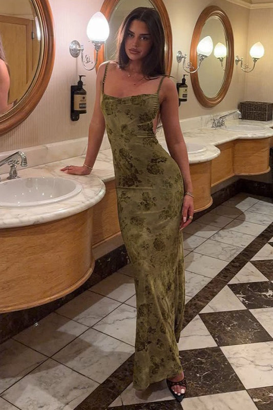 Green Spaghetti Strap Backless Chain Detail Burnout Floral Mesh Maxi Dress 9