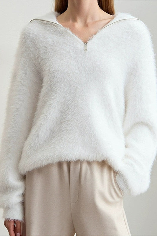 Faux Mink Slouchy Turtleneck Zip-Front Sweater