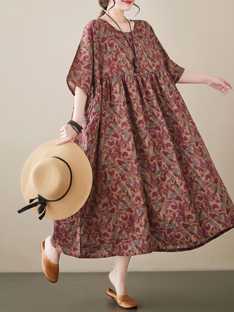 Red Round Neck Short Sleeve Abstract Leaf Print Smock Maxi Dress 5