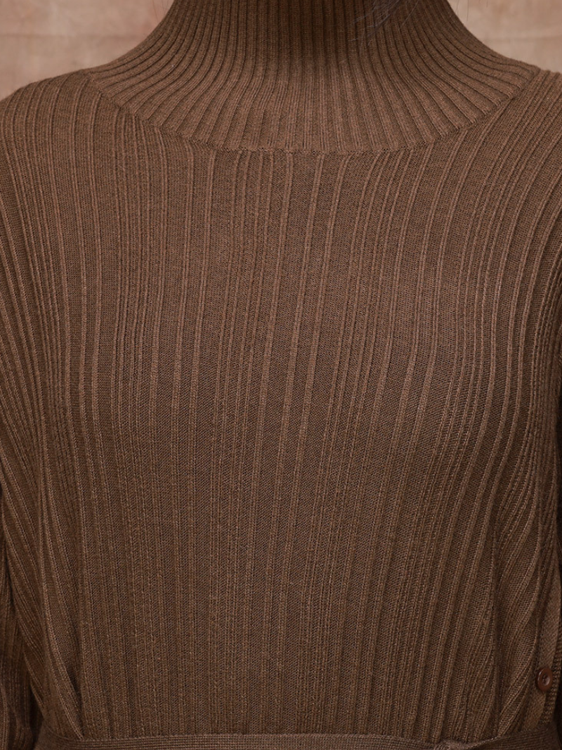 Mock Neck Long Sleeve Ribbed Knit Belted Sweater Midi Dress