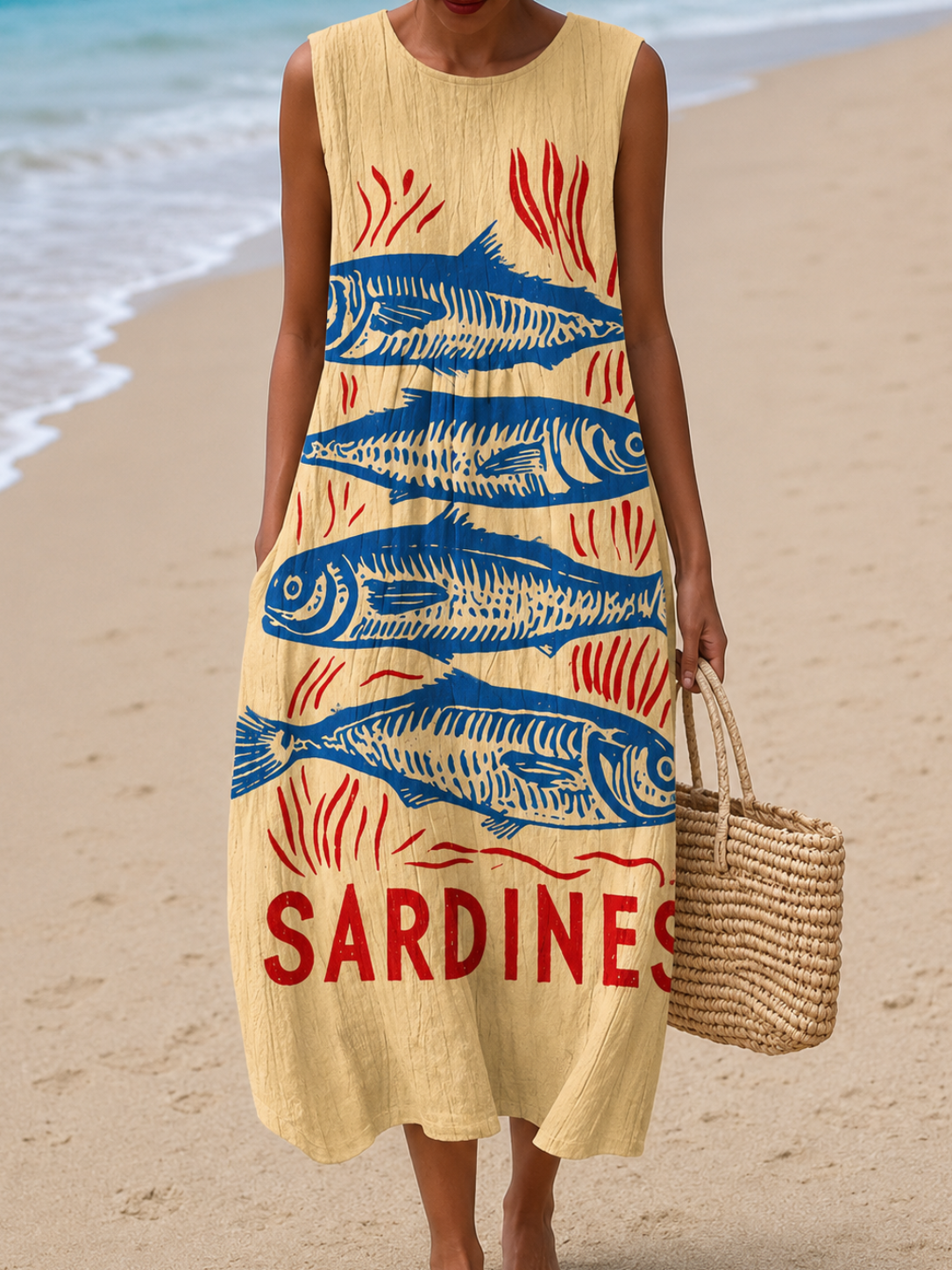 Round Neck Sleeveless Sardine Print Textured Shift Midi Dress