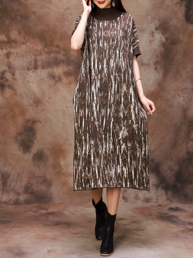 Mock Neck Abstract Print Short Sleeve Loose Knit Midi Dress 4