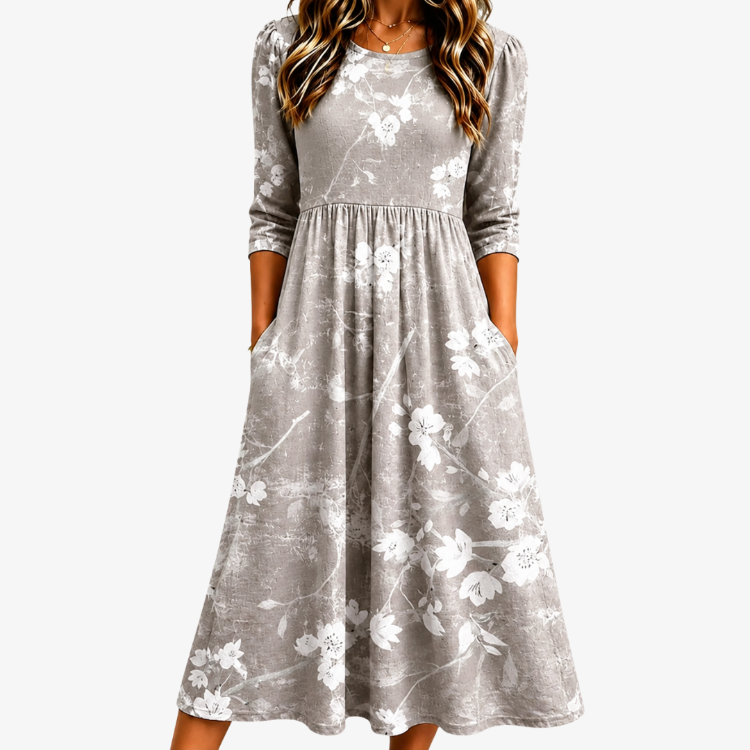 Round Neck Floral Print Puff Sleeve Empire Waist A-Line Midi Dress