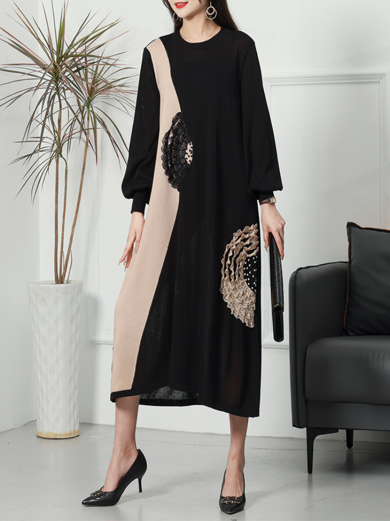 Round Neck Colorblock Lace Applique Long Sleeve Loose Midi Dress 5