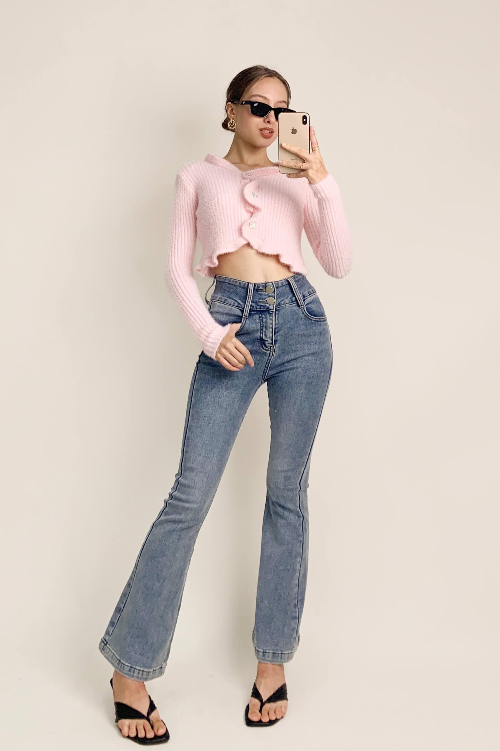 Pink Ruffle Trim Ribbed Knit Fitted Cardigan