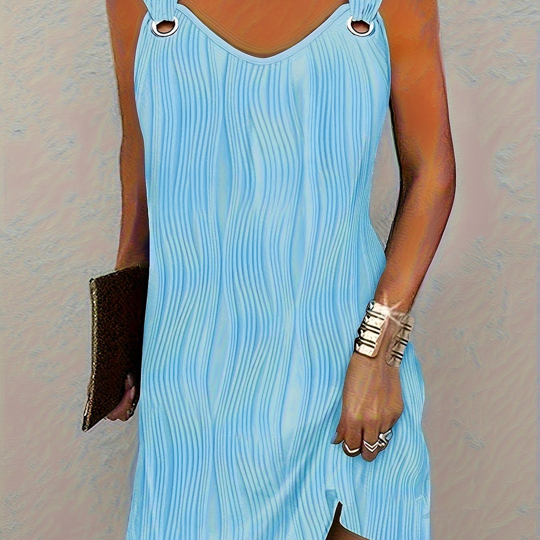 V-Neck Grommet Strap Textured Wave Loose Swing Mini Dress 2