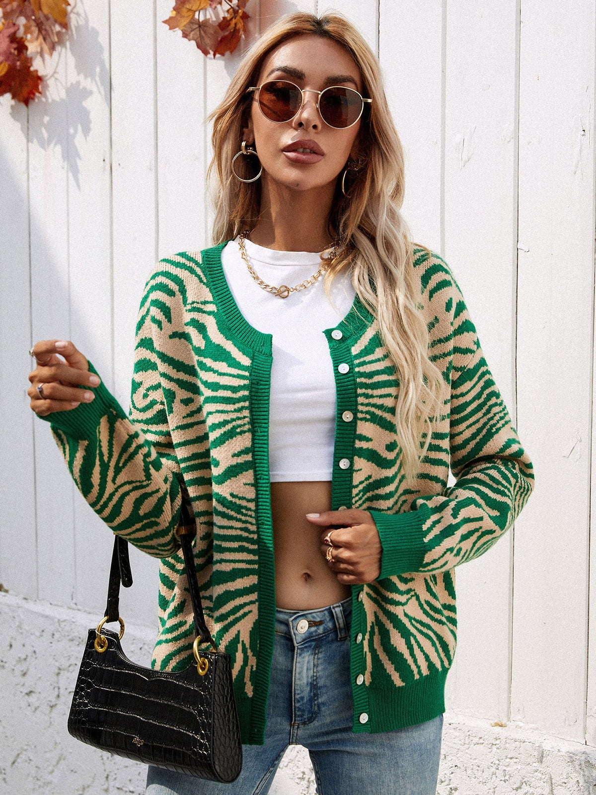 Round Neck Zebra Print Button Up Long Sleeve Knit Cardigan