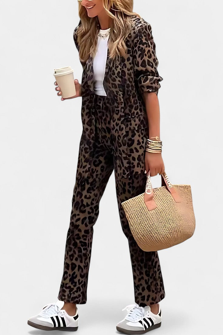 Lapel Collar Leopard Print Blazer High Waisted Trousers Set