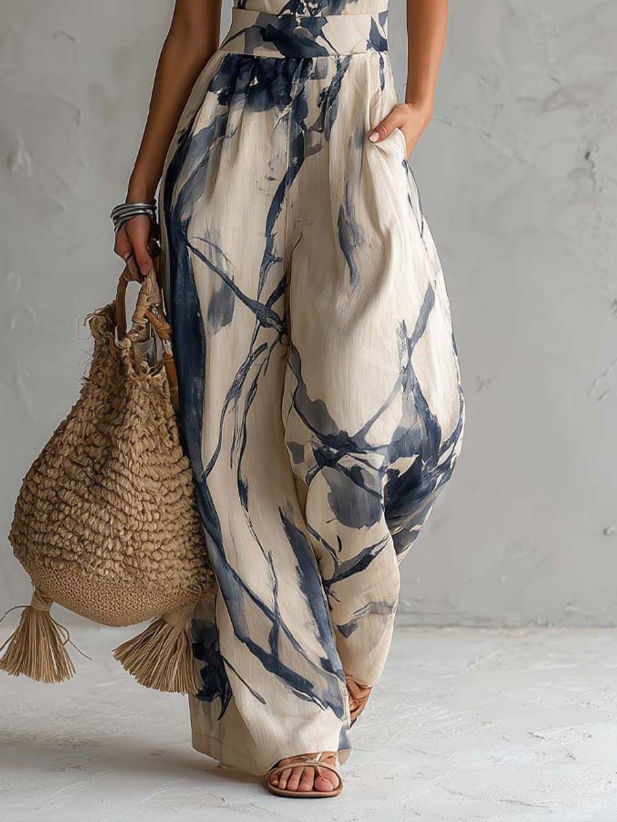 White/blue Halter Neck Keyhole Printed Wide Leg Jumpsuit 5