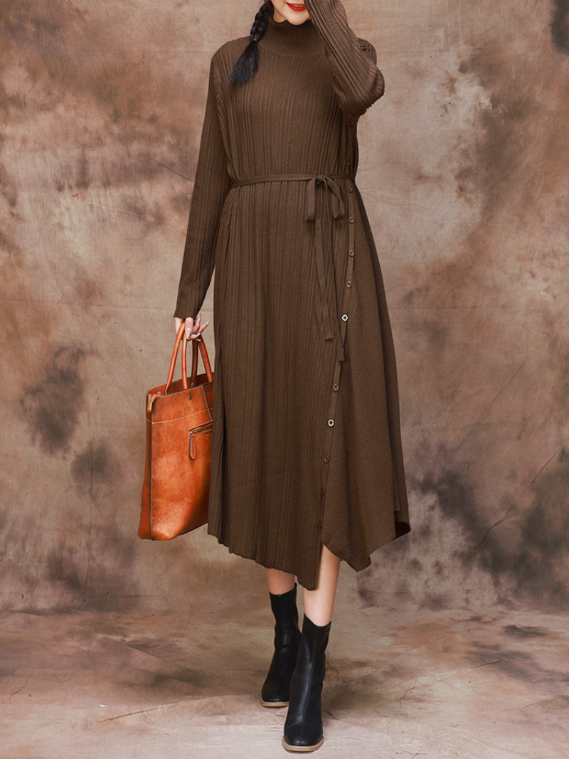 Mock Neck Long Sleeve Ribbed Knit Belted Sweater Midi Dress