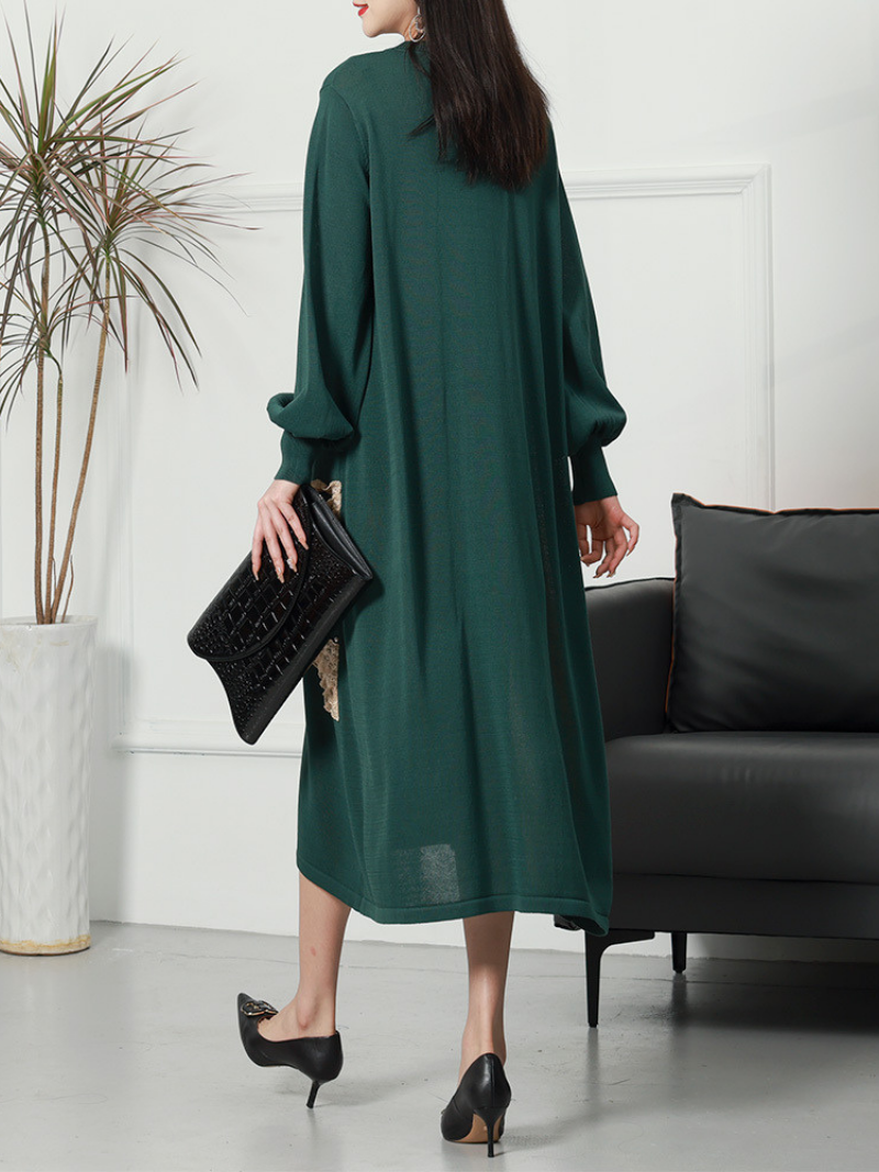 Round Neck Colorblock Lace Applique Long Sleeve Loose Midi Dress 6