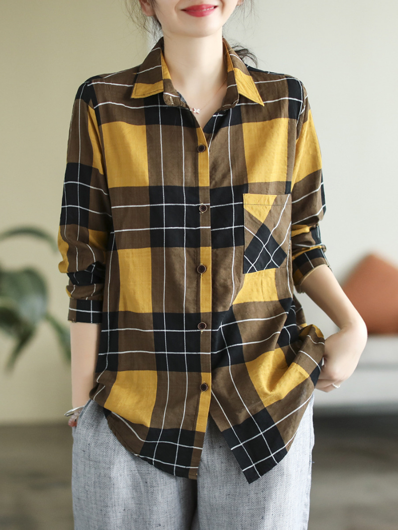 Collared Long Sleeve Plaid Button Front Chest Pocket Loose Shirt