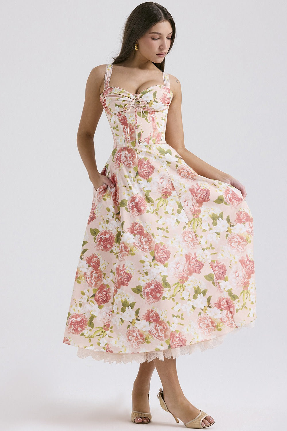 Wide Strap Lace Trim Corset Bodice Floral Print A-Line Midi Dress 5