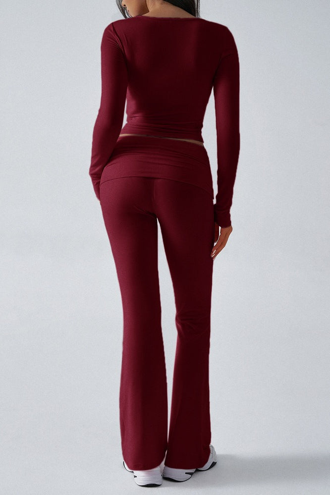 Casual Slim Fit Knit Long Sleeve Top Straight Leg Pants Set