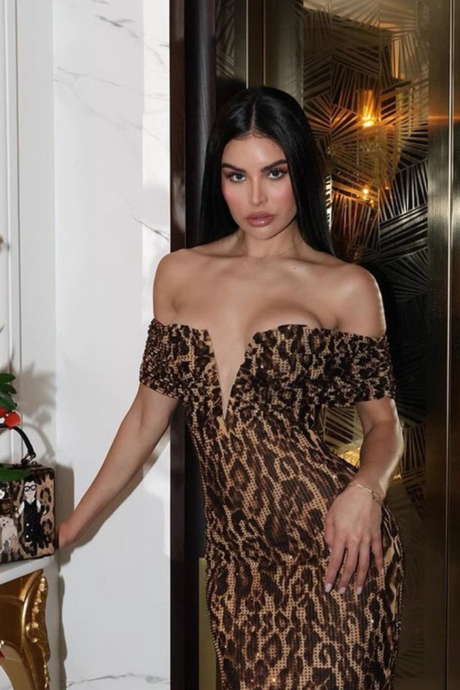 V-Neck Off-Shoulder Sequin Midi Dress