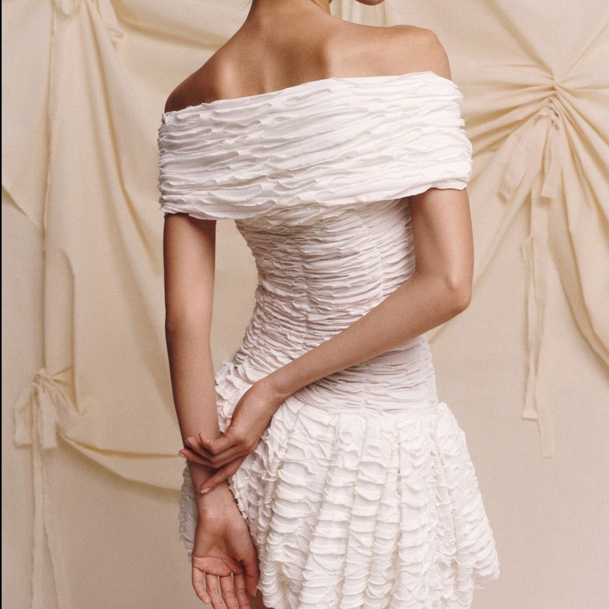 White Off-Shoulder Twist Front Ruched Bubble Hem Mini Dress
