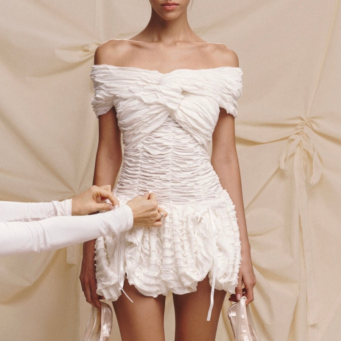 White Off-Shoulder Twist Front Ruched Bubble Hem Mini Dress