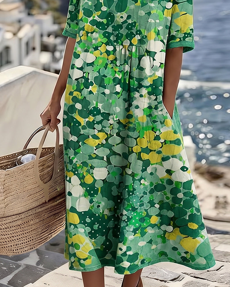 Round Neck Floral Print Short Sleeve A-Line Midi Dress 5