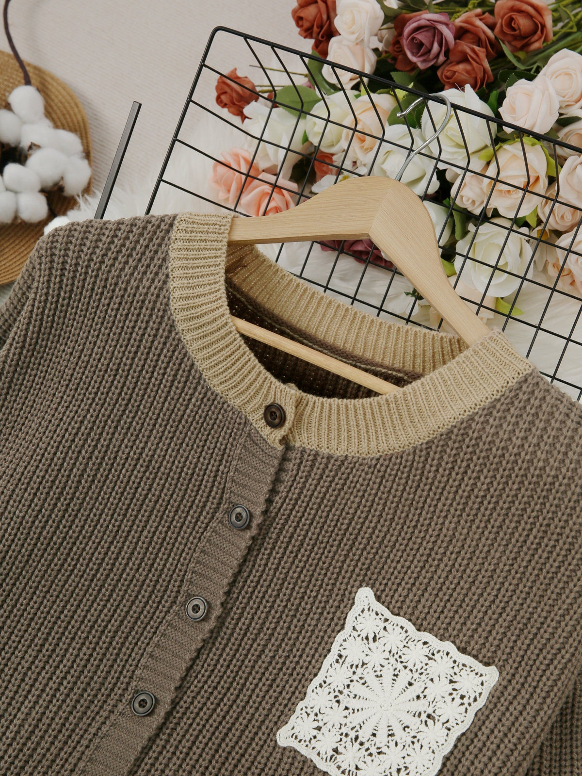 Dark Brown Round Neck Waffle Knit Lace Pocket Button Front Long Sleeve Cardigan