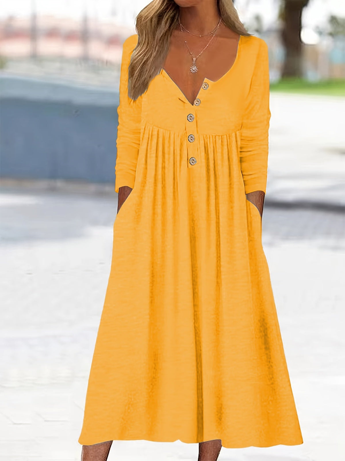 Henley Neck Button Front Long Sleeve Pocket A-Line Midi Dress