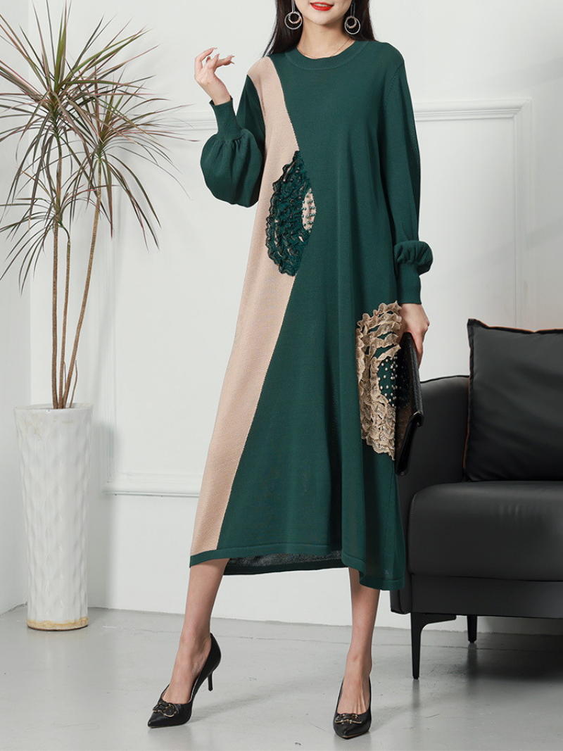 Round Neck Colorblock Lace Applique Long Sleeve Loose Midi Dress 7