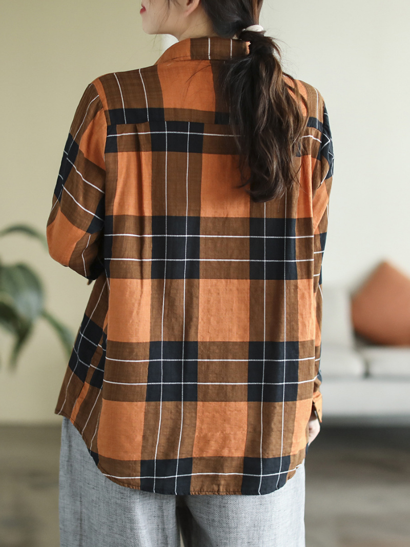 Collared Long Sleeve Plaid Button Front Chest Pocket Loose Shirt 6
