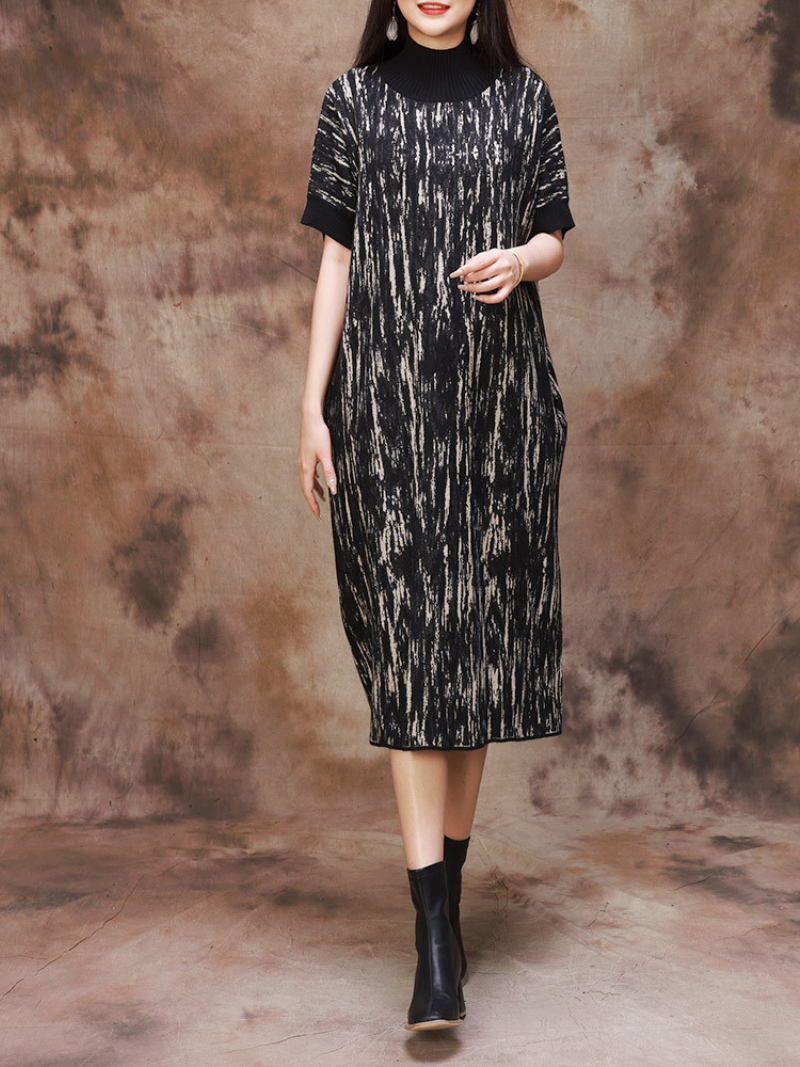 Mock Neck Abstract Print Short Sleeve Loose Knit Midi Dress 2