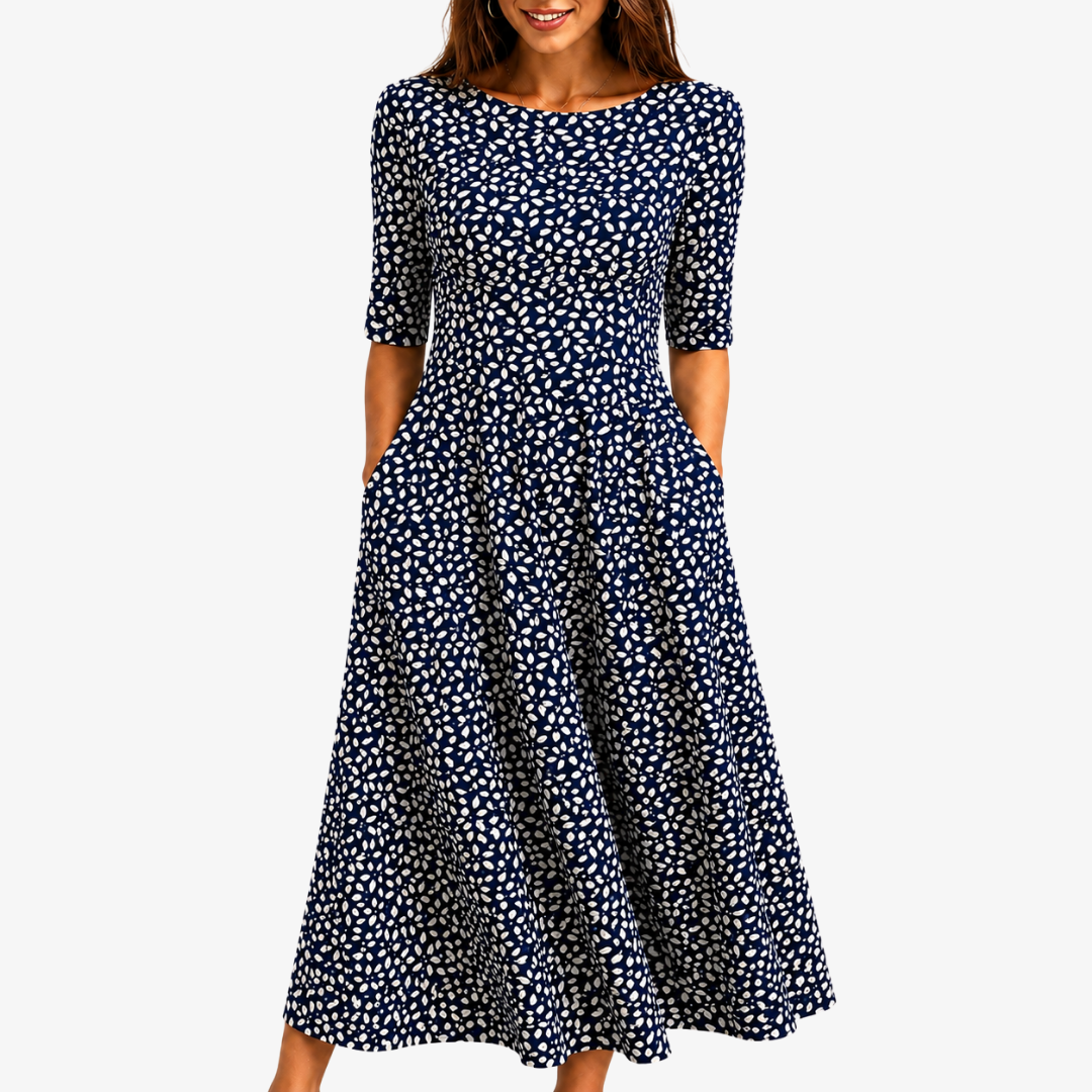 Round Neck Short Sleeve Petal Print Fit and Flare Midi Dress