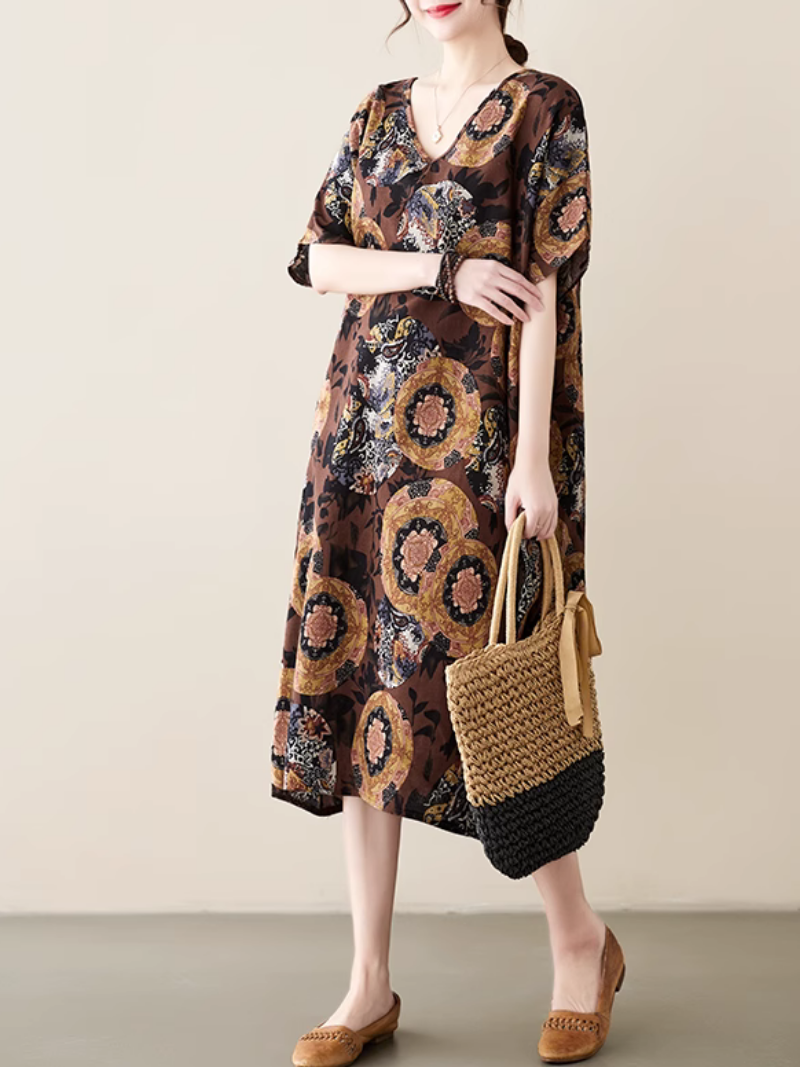 V-Neck Paisley Print Short Sleeve Loose Midi Dress