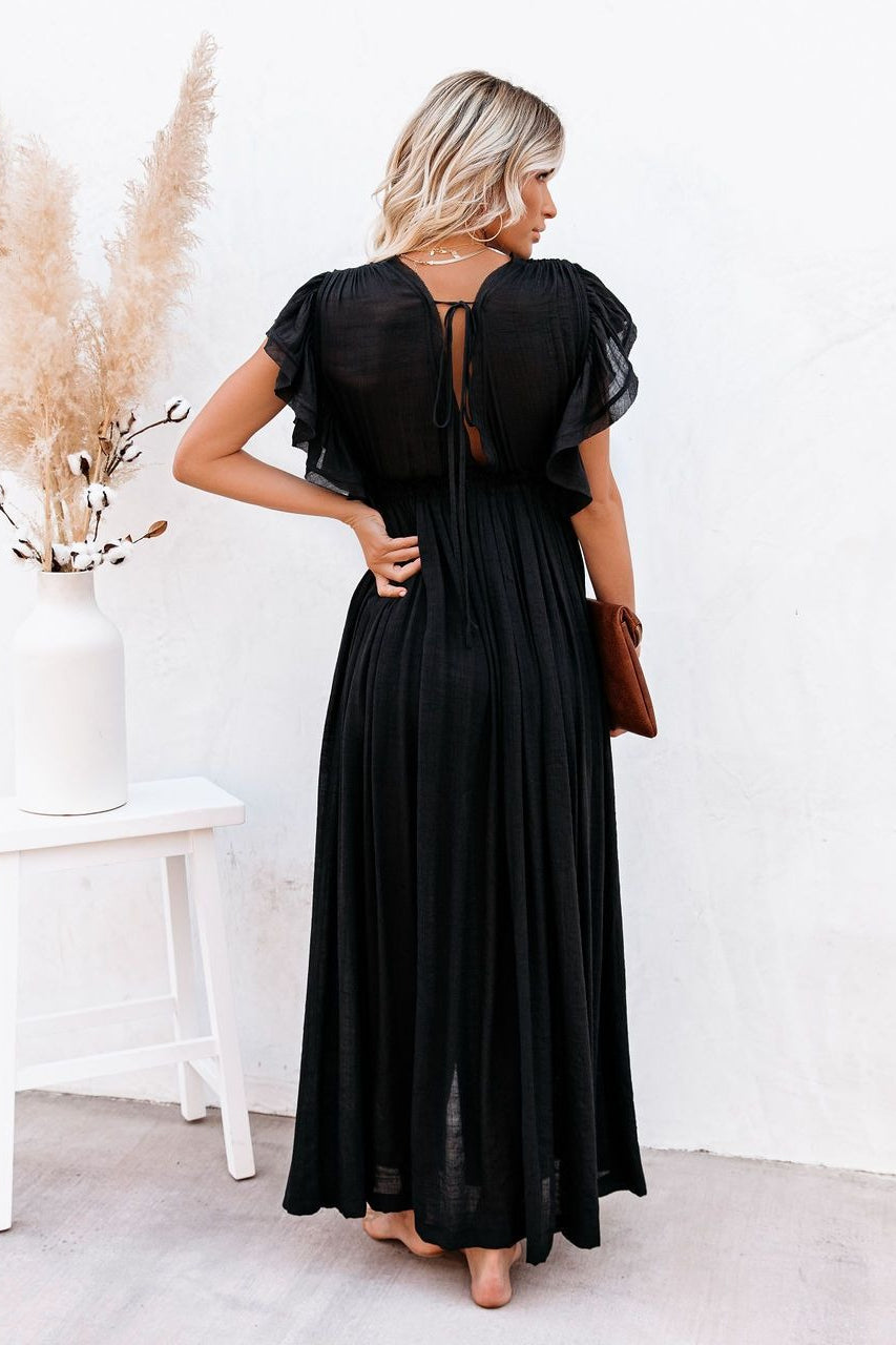 Deep V Neck Ruffle Sleeve Drawstring Waist Button Front Pocket Maxi Dress 10