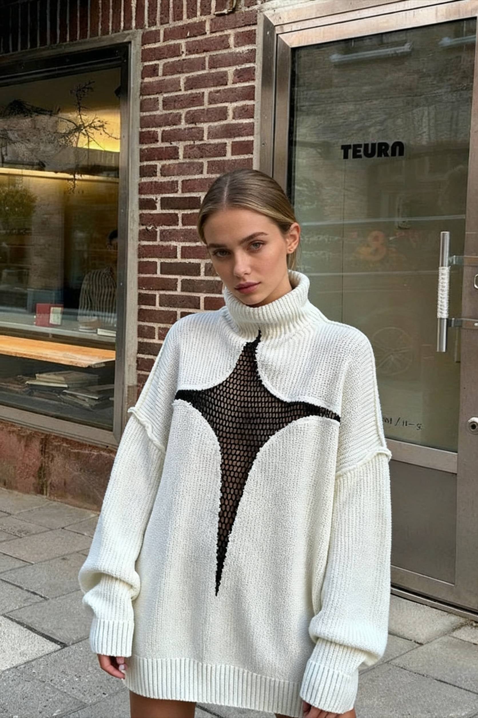 JuliaFashion Y2K Spring Autumn Hollow Out Knitwear Mesh Patchwork Long Sleeve High Neck Ribbed Knitted Pullovers Sweater