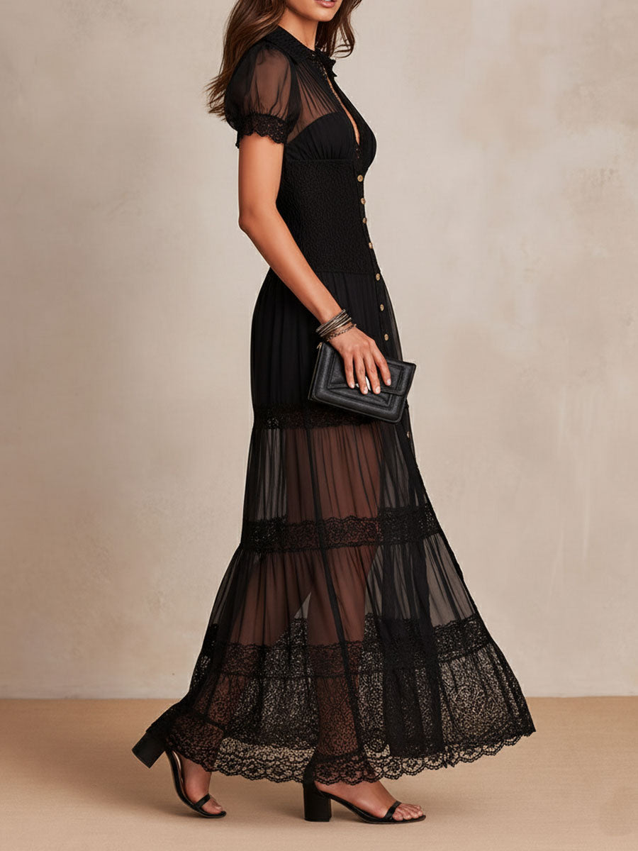 Collared Sheer Mesh Lace Trim Button Front Smocked Maxi Dress 3