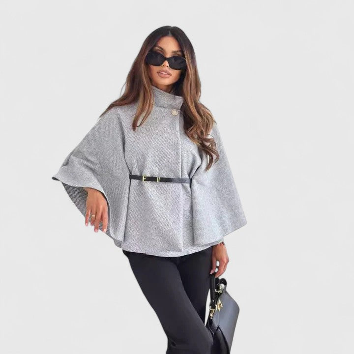 Stand Collar Belted Cape Sleeve Poncho Jacket