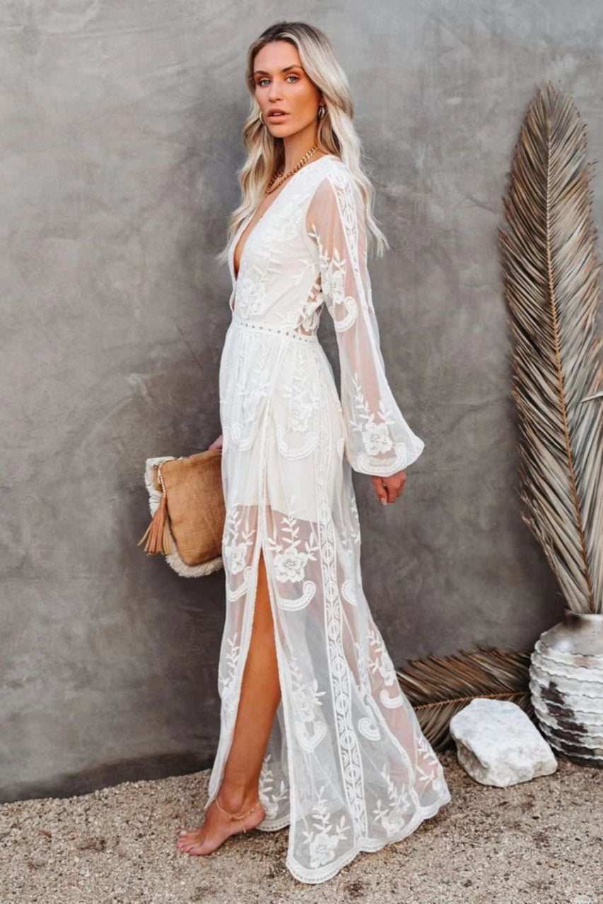 Deep V Neck Long Sleeve Floral Embroidered Mesh High Slit Maxi Dress 3