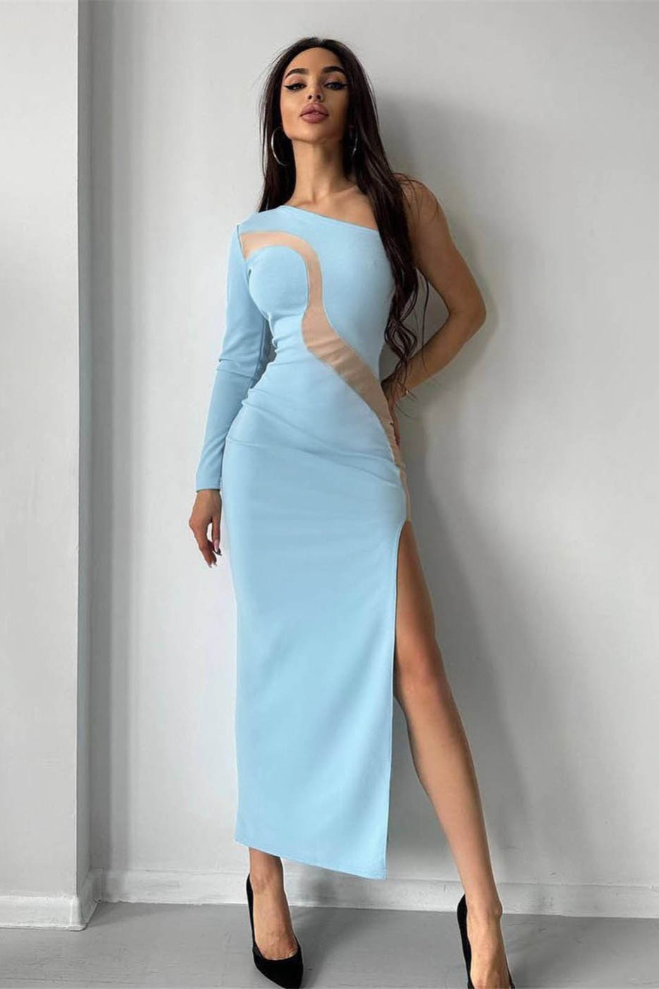 Asymmetrical One Shoulder Mesh Midi Dress