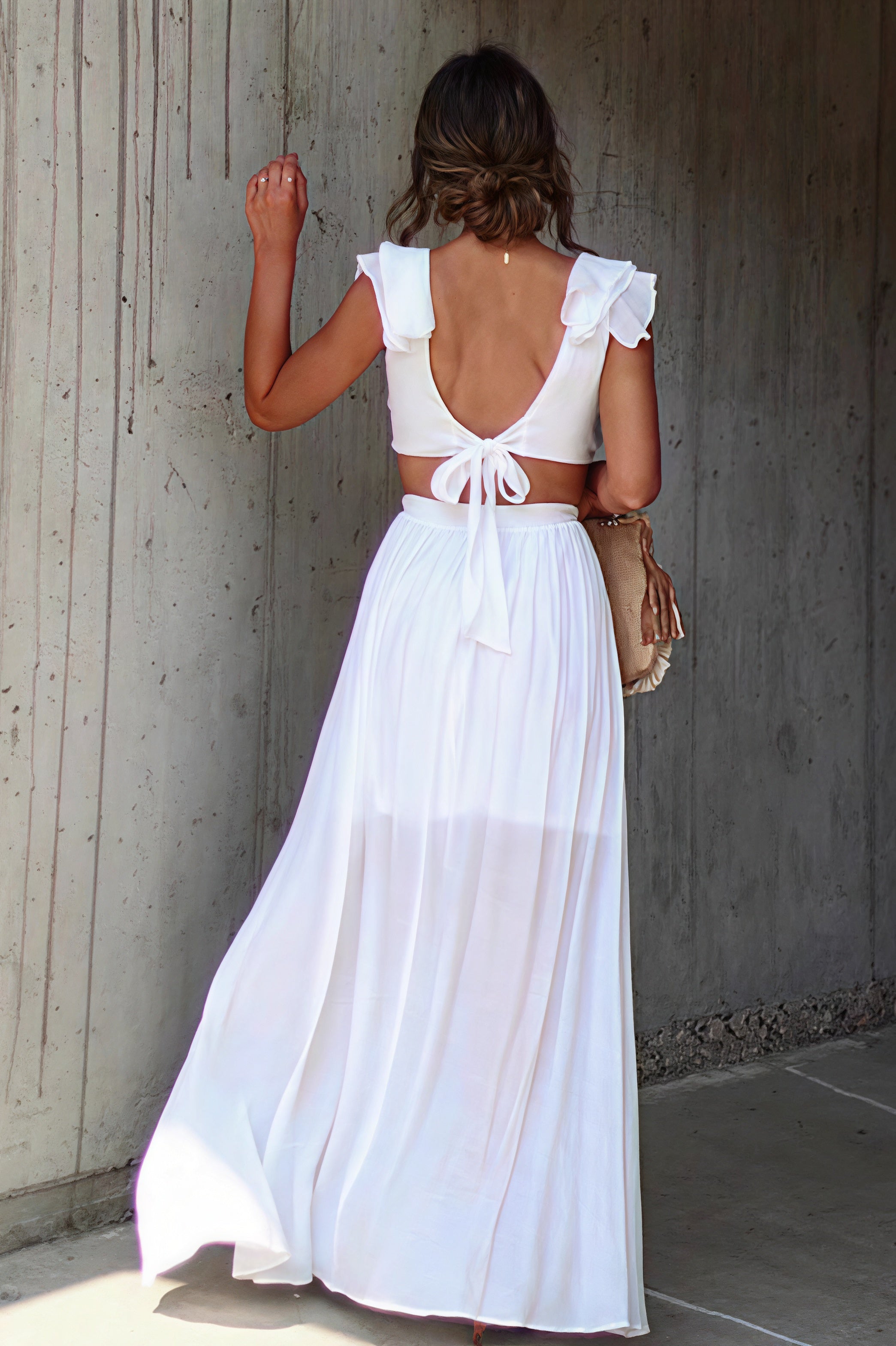 Deep V Neck Ruffle Strap Wood Ring Cutout Tiered Maxi Dress 2