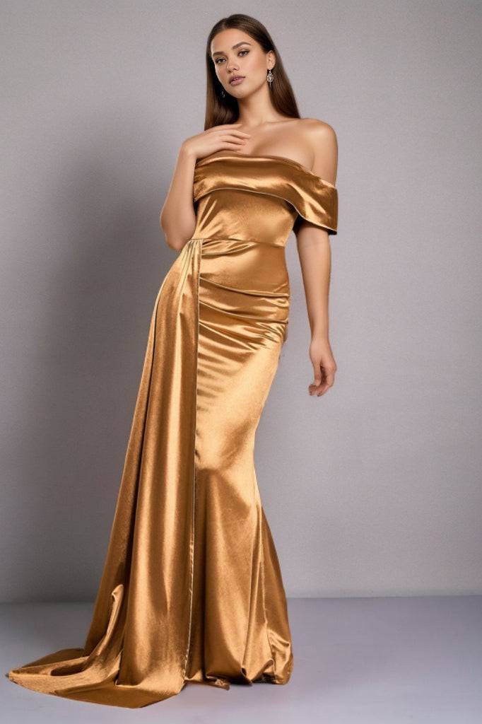 Solid Satin OffShoulder Strapless High Waist Formal Dress