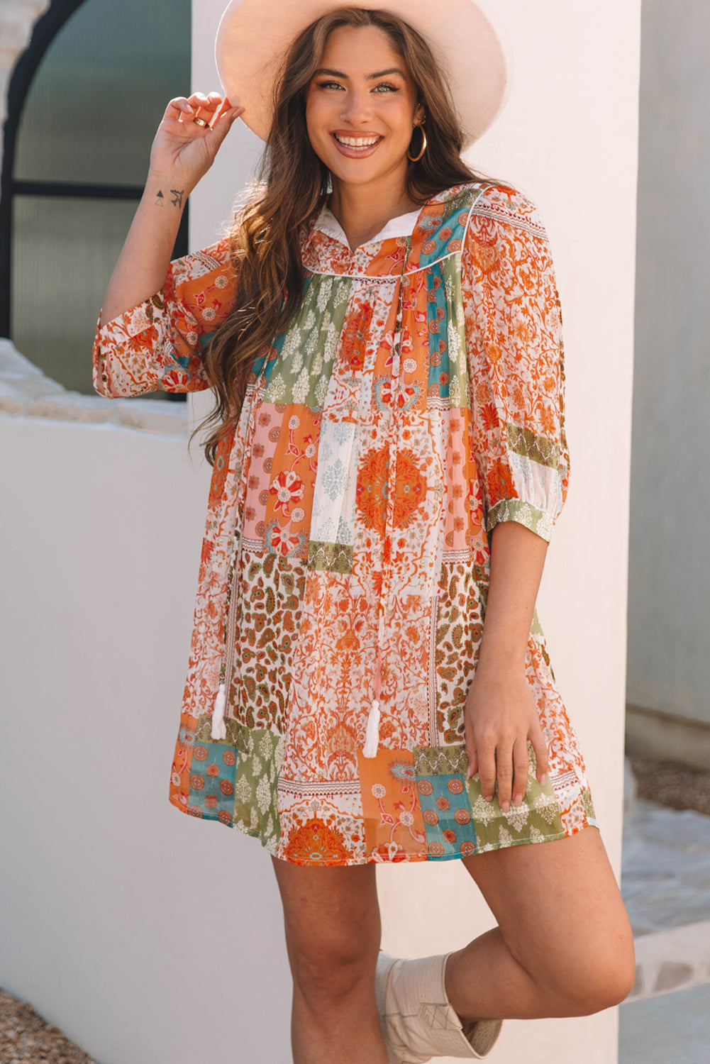 Orange Boho Paisley Mixed Print 3 4 Sleeve Chiffon Loose Dress