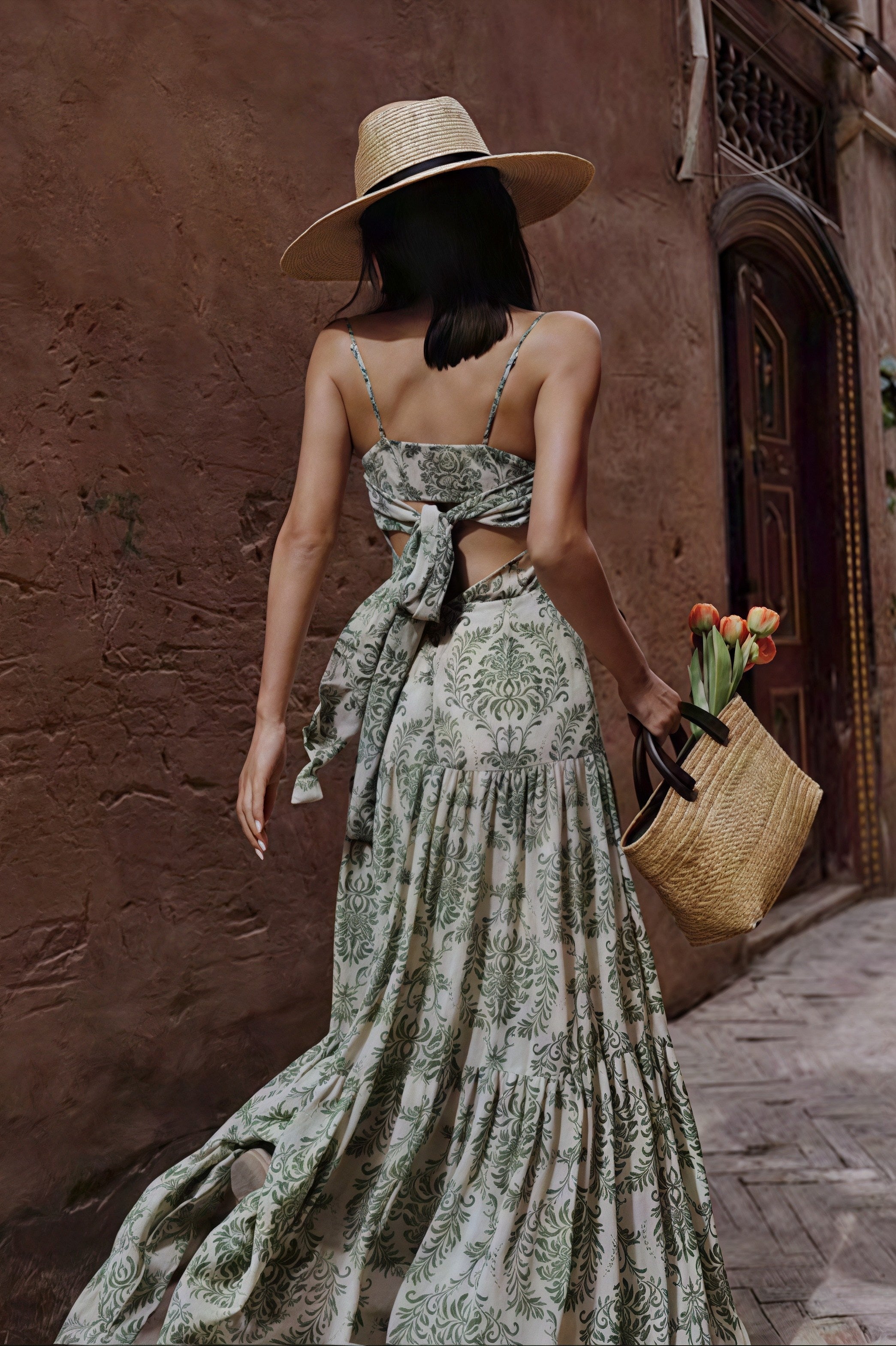 Green Spaghetti Strap Square Neck Ruched Damask Print Tiered Maxi Dress 8