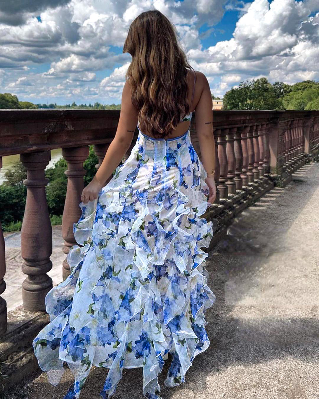 Spaghetti Strap V-Neck Floral Corset Ruffle Tiered Maxi Dress