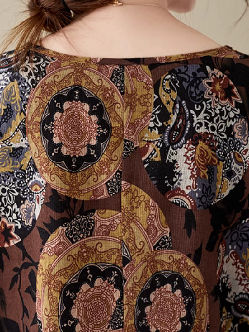 V-Neck Paisley Print Short Sleeve Loose Midi Dress