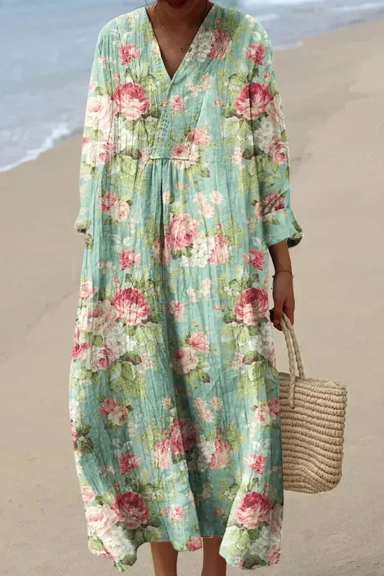 V-Neck Rose Floral Long Sleeve Flowy Maxi Dress