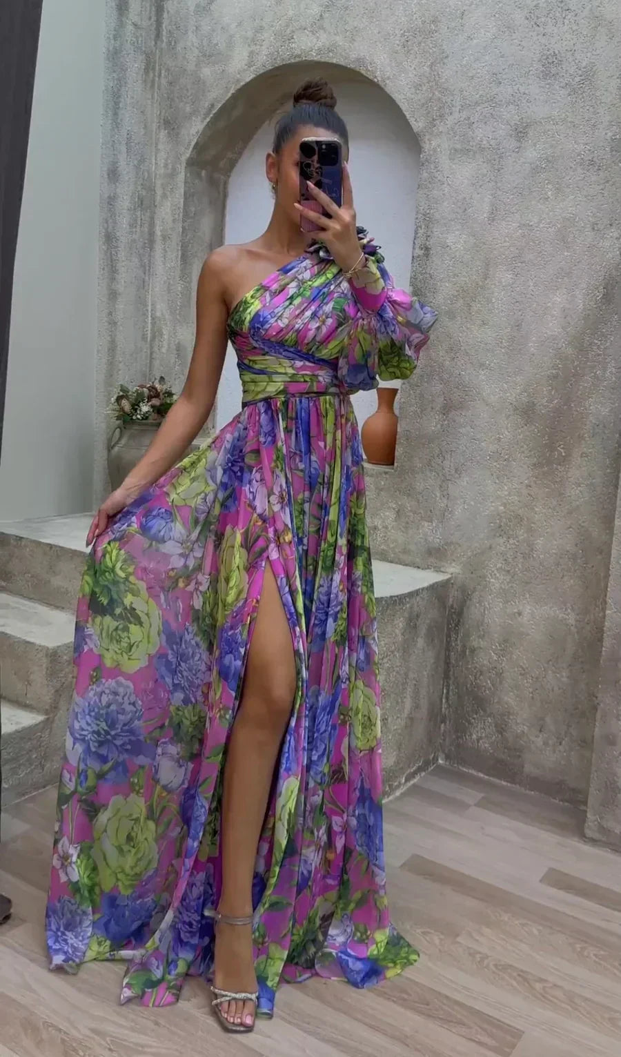 One-Shoulder Floral Chiffon High Slit Flowy Maxi Gown